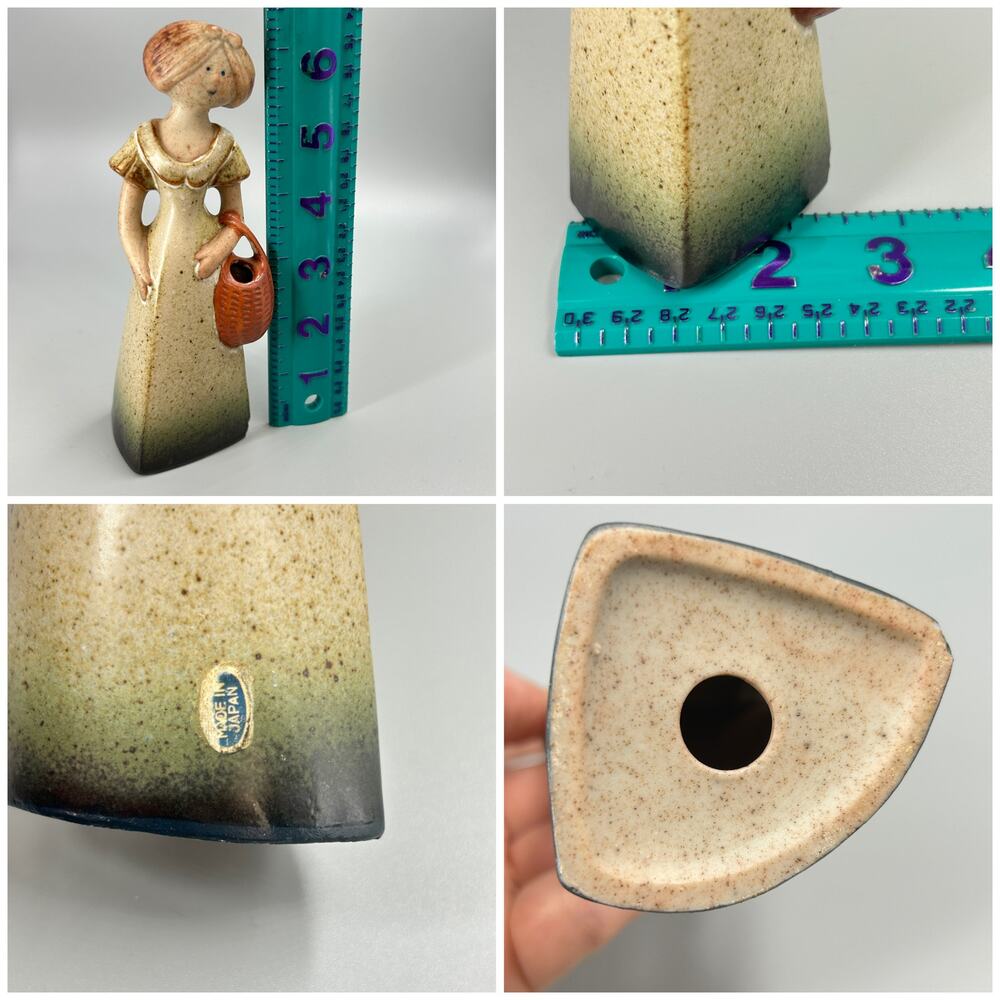 Vtg 70’s Speckled Stoneware Woman Carrying Basket Flower Vase Figurine Japan Mad - Picture 5 of 9